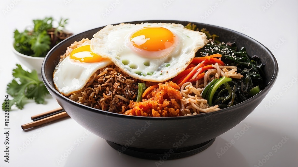 A bowl of spicy Korean bibimbap with assorted vegetables and a fried egg, presented with chopsticks, isolated on white background. A bowl of spicy Korean bibimbap with assorted vegetables and a fried egg, presented with chopsticks, isolated on white background.