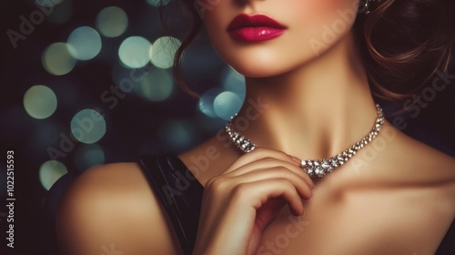 A woman clasping a necklace around her neck, ready to attend an elegant evening event. photo