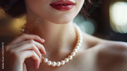 A woman holding a pearl necklace, about to put it on before attending a glamorous event.