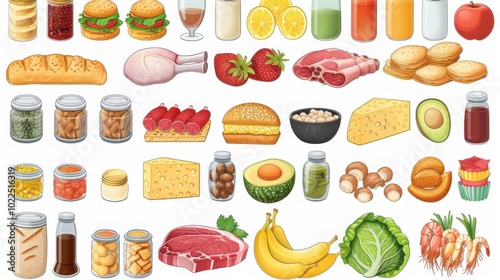 Various food items, including fruits, vegetables, meats, and condiments, arranged on a white background