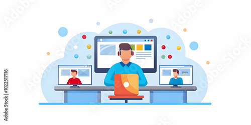 Abstract Digital Art: Remote Worker Managing Multiple Screens in a Home Office with Soft Bokeh - Futuristic Productivity Concept