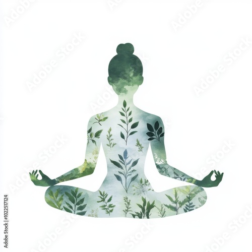 Serene silhouette of a meditating figure surrounded by lush greenery, symbolizing harmony, nature, and mindfulness.