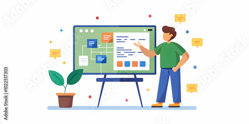 Candid shot of a programmer intently writing code on a whiteboard in an office, showcasing problem-solving skills with diagrams, notes, and natural lighting