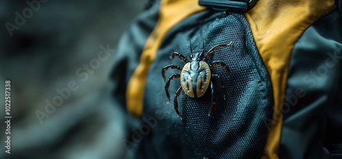 A tick, a common pest found in nature, crawling on a backpack. photo