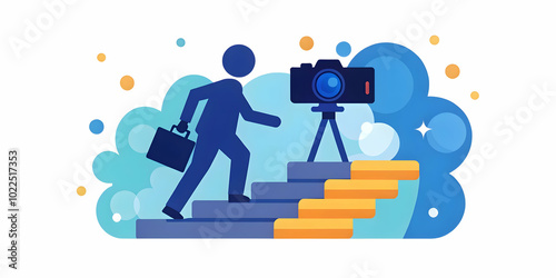 Abstract Bokeh Stairs: Silhouette of Person Ascending Symbolizing Career Growth in Work-from-Home Context | Artistic Photography for Stock Use