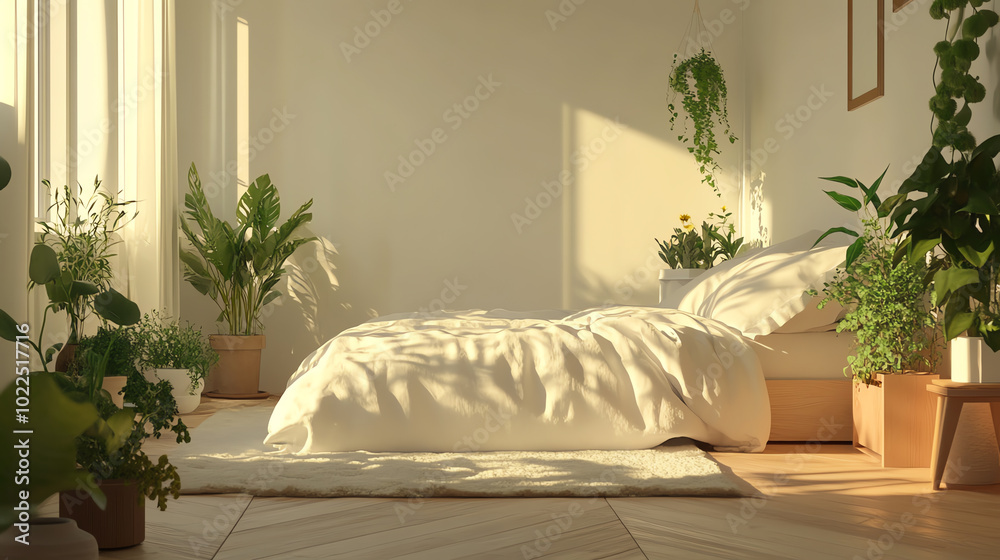 A serene bedroom filled with natural light. The room features a cozy bed with white bedding, surrounded by lush green plants, creating a calm and inviting atmosphere. A serene bedroom filled with natural light. The room features a cozy bed with white bedding, surrounded by lush green plants, creating a calm and inviting atmosphere.