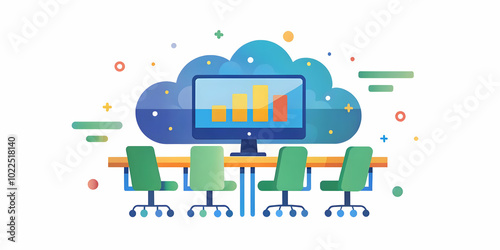 Bokeh Abstract of Cloud Analytics Concept: Wide Angle Shot of Business Meeting Room with Projected Holographic Cloud Analytics Interface in a Bokeh Effect for Photo Stock Use