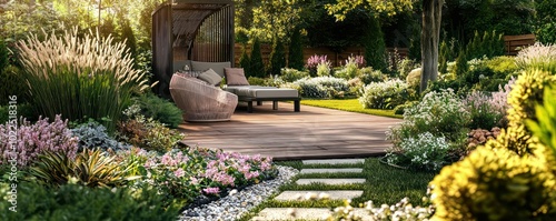 Wallpaper Mural Dawn in a garden with a sophisticated black pergola and a teak wooden deck. Torontodigital.ca