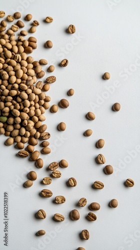 A close-up of scattered coffee beans on a light surface, showcasing their texture and color.