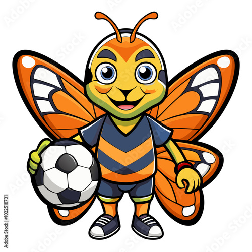 Butterfly Footballer: A cute and cheerful cartoon butterfly mascot in a soccer jersey holds a soccer ball with a big smile. This image is perfect for sports teams, youth leagues, and fun events.