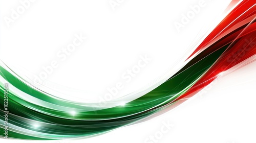 Abstract design featuring flowing red, green, and white waves on a light background.