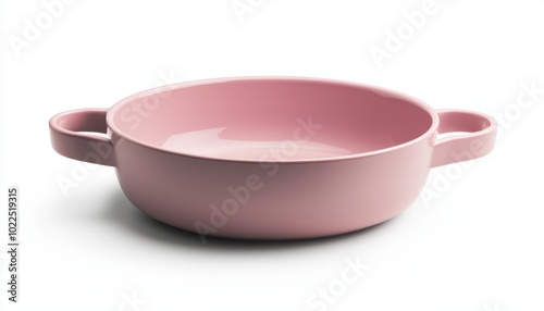 A smooth, pink, round cooking dish with dual handles, ideal for serving or preparing various dishes.