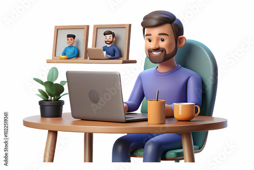 A Candid Shot of a Man Smiling at His Kitchen Table During a Joyful Video Call with Colleagues - Remote Collaboration Concept for Stock Photography