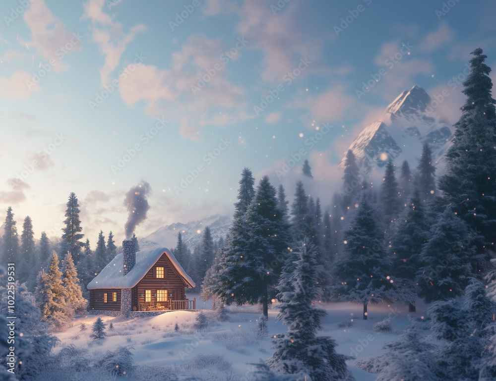 A charming winter cabin nestled in a snowy landscape, with smoke gently rising from the chimney A charming winter cabin nestled in a snowy landscape, with smoke gently rising from the chimney