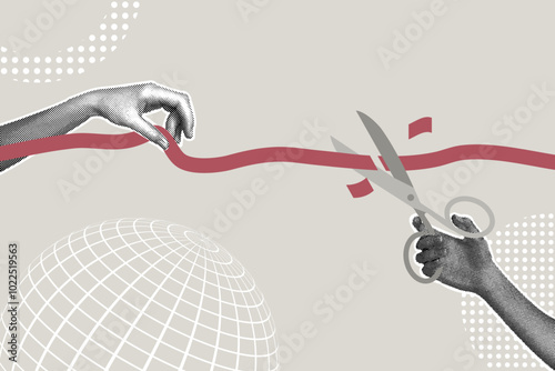 Modern halftone collage. Concept of starting a new business, opening ceremony, launching a new product. Halftone hand cutting red ribbon with scissors symbolizing opening or starting a new. Modern