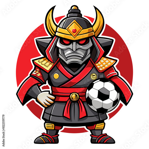 Samurai Soccer Star: A fierce and determined samurai warrior, clad in traditional armor and holding a soccer ball, stands ready to conquer the field, his eyes burning with passion and determination.