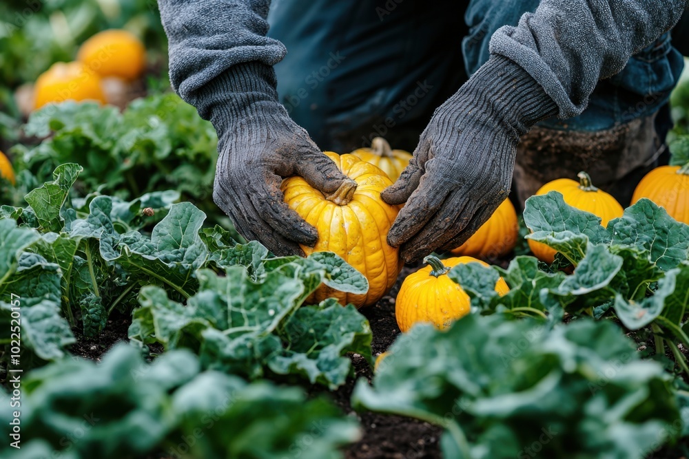 A farmer harvests vibrant orange pumpkins from a lush green field in a picturesque autumn setting A farmer harvests vibrant orange pumpkins from a lush green field in a picturesque autumn setting