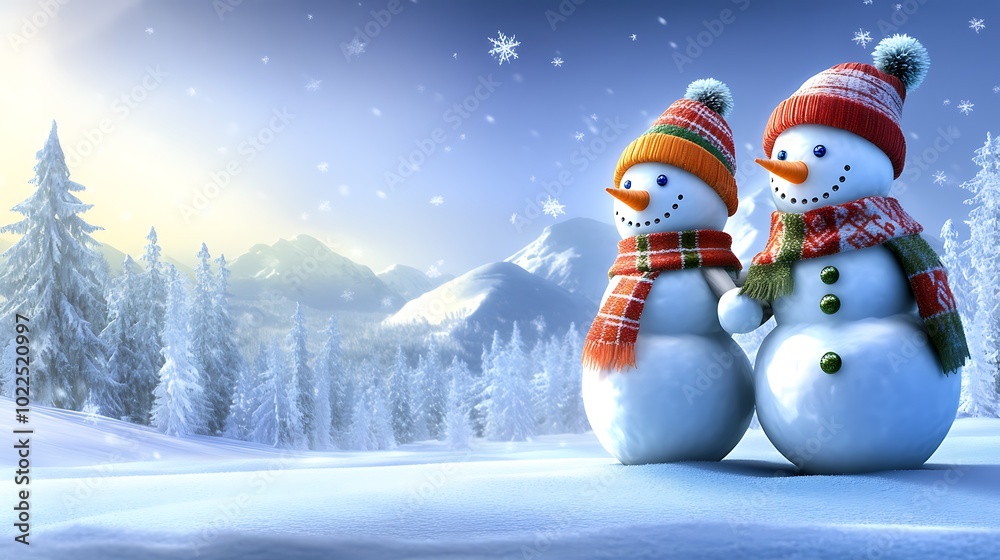 Obraz premium A snowman couple holding hands at the edge of a snowy forest, gazing out at the frozen landscape. Both snowmen are wearing festive scarves and wool hats,