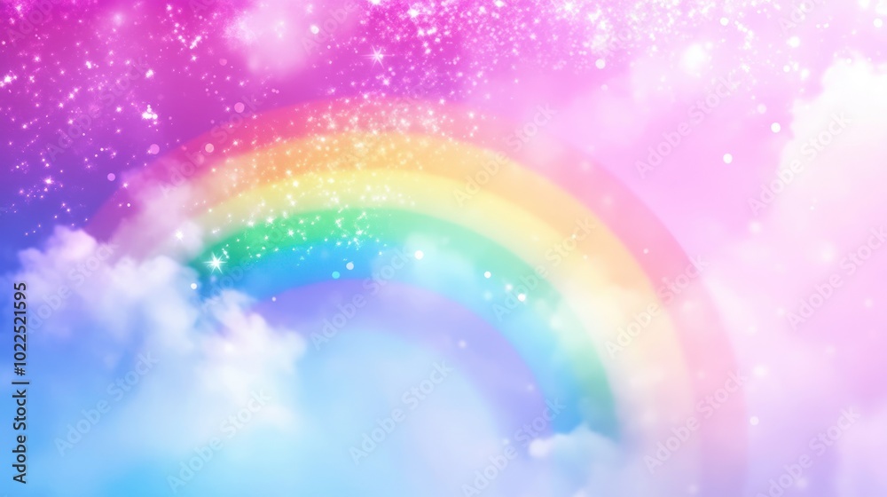 Obraz premium A vibrant rainbow arcs across a dreamy, pastel sky filled with clouds and sparkling light.