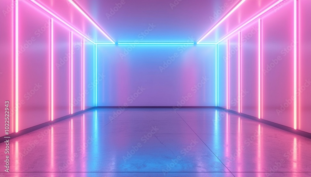 A modern, illuminated corridor featuring vibrant pink and blue neon lights, creating a futuristic atmosphere. A modern, illuminated corridor featuring vibrant pink and blue neon lights, creating a futuristic atmosphere.