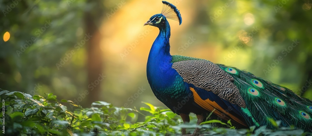 Obraz premium A peacock stands in a lush green forest, its beautiful blue and green feathers on display.