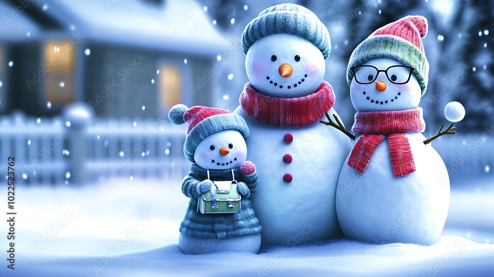 Fototapeta premium A snowman family standing together in a snow-covered backyard, each wearing different colored scarves and hats. The snow mom has a purse made of snow, the snow dad wears glasses,