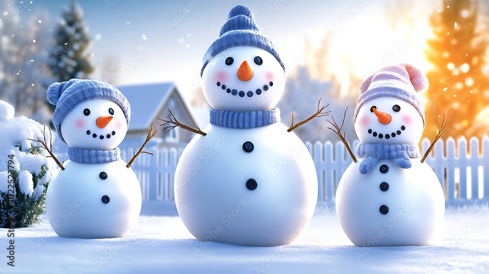 A snowman family stands proudly in the middle of a snowy backyard, surrounded by trees and a white picket fence. Each snowman has a different expression: the dad is smiling with a carrot nose, A snowman family stands proudly in the middle of a snowy backyard, surrounded by trees and a white picket fence. Each snowman has a different expression: the dad is smiling with a carrot nose,