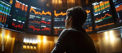 A person looks at a large screen with graphs and charts showing financial data.