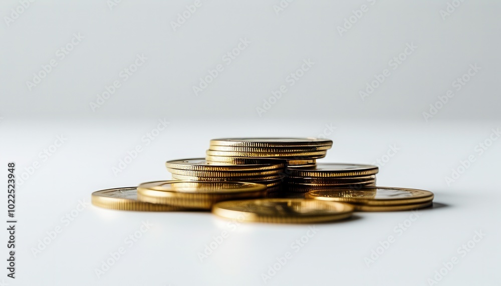 Shiny Metallic Coins Stacked on White Background Shiny Metallic Coins Stacked on White Background