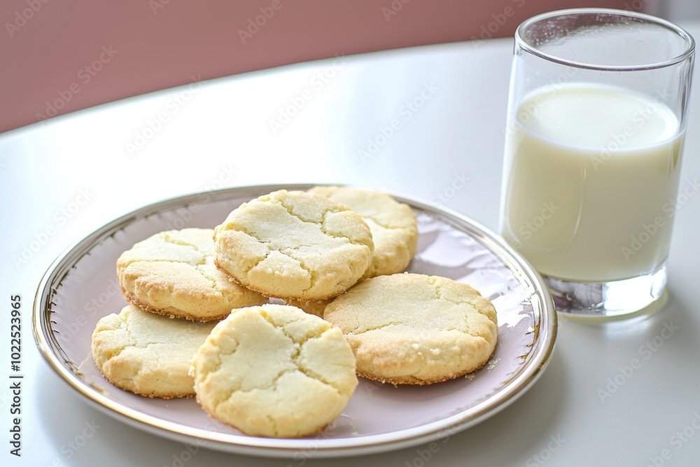 A plate of freshly baked cookies accompanied by a glass of milk, perfect for a snack or dessert. A plate of freshly baked cookies accompanied by a glass of milk, perfect for a snack or dessert.
