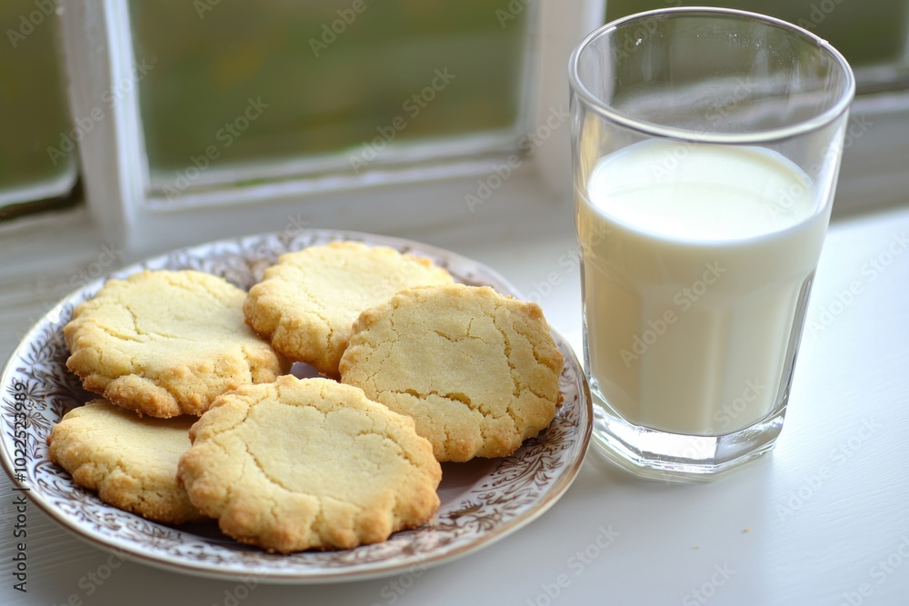 A plate of freshly baked cookies sits beside a glass of milk, creating a cozy and inviting snack scene.