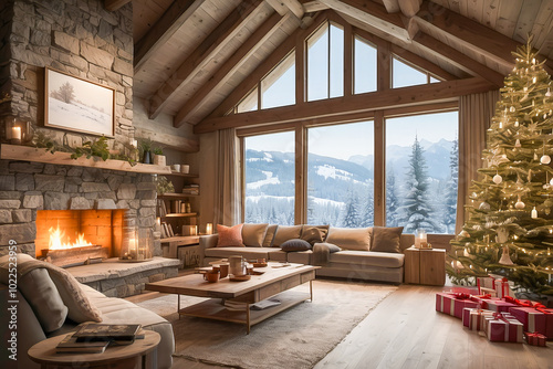 AI-generated image of winter luxury Chalet with Christmas decorations, and plush furnishings, with a view from an open-concept window of a snow-covered mountain