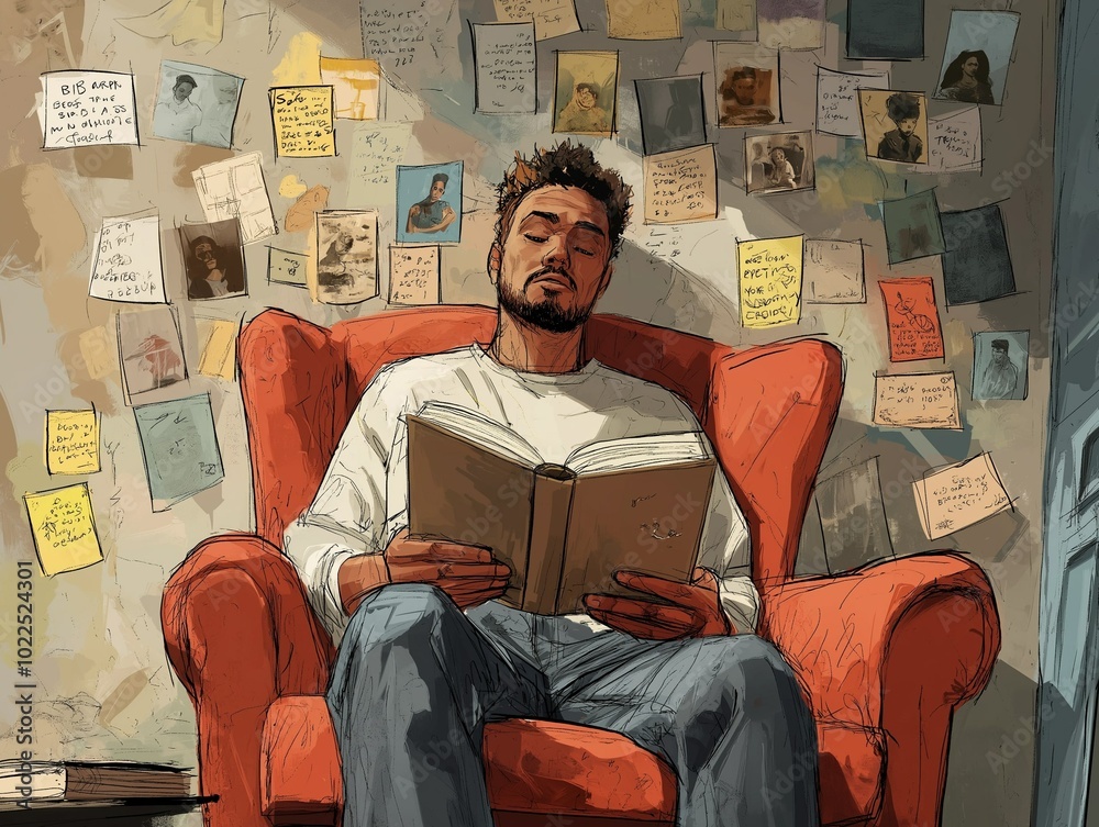 Fototapeta premium an adult reading a book on mental health, surrounded by positive affirmations and memories of happy moments.