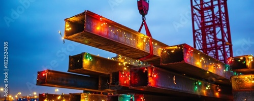 Festive Construction - Steel Beams with Christmas Lights and Crane in Background