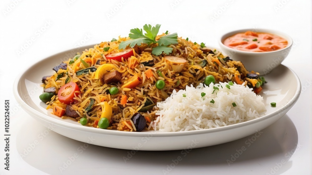 A dish of vibrant vegetable biryani with raita on the side, fragrant and colorful, isolated on white background. A dish of vibrant vegetable biryani with raita on the side, fragrant and colorful, isolated on white background.
