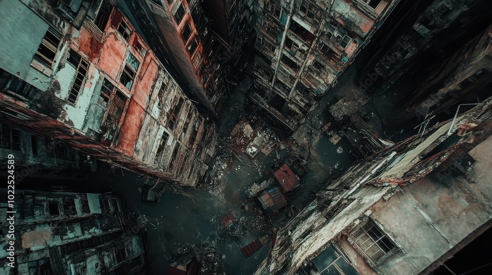 Aerial view of an abandoned urban area, showcasing decaying buildings and a gloomy atmosphere, reminiscent of a dystopian scene. Aerial view of an abandoned urban area, showcasing decaying buildings and a gloomy atmosphere, reminiscent of a dystopian scene.