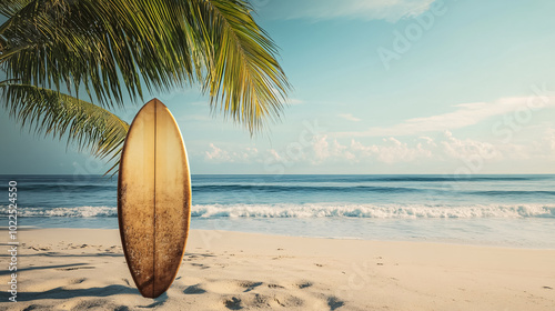 Surfboard and palm tree on a beach background.
