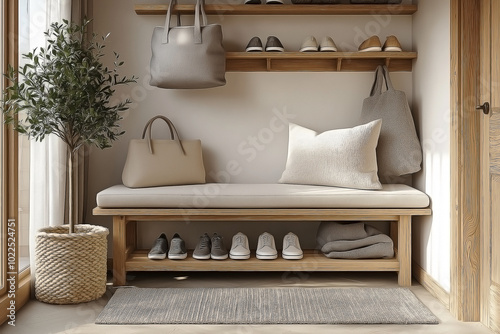 entryway interior design, Japanese-Scandinavian fusion style. Light wood bench with white cushion, two-tier shoe rack underneath photo