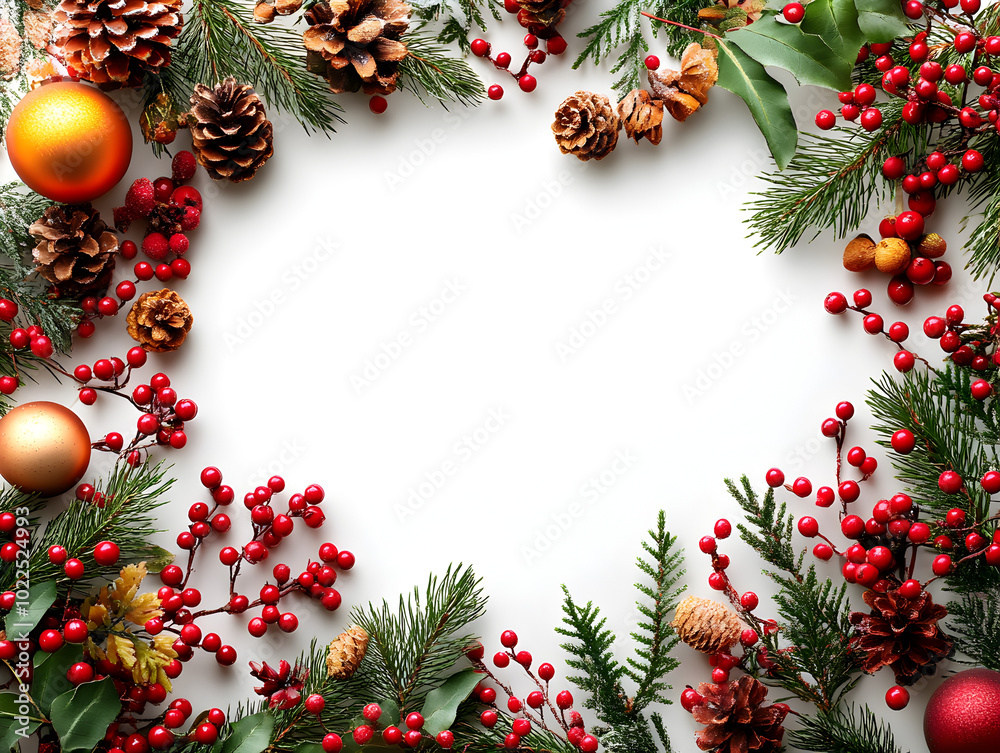 Festive Christmas Decorations with Pine Cones Berries and Ornaments in a Winter Wonderland Background Festive Christmas Decorations with Pine Cones Berries and Ornaments in a Winter Wonderland Background
