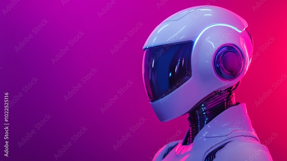 Futuristic White Robot with Helmet on Neon Purple-Red Background Futuristic White Robot with Helmet on Neon Purple-Red Background