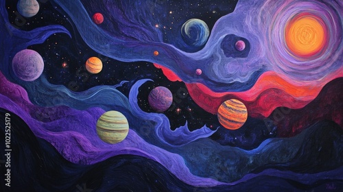 An abstract space landscape with planets of different sizes and colors, floating through a galaxy of swirling stars and cosmic dust, set against a deep, dark background.