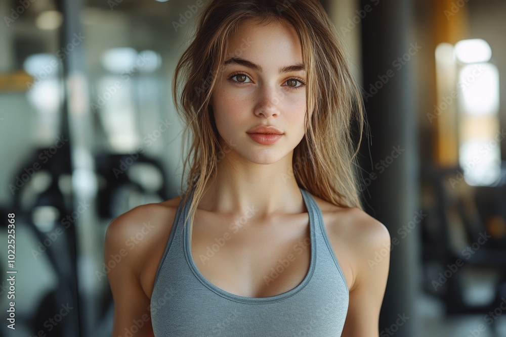 Portrait of a young woman standing confidently in a gym setting, wearing modern grey fitness attire while looking directly at the camera with natural light. Portrait of a young woman standing confidently in a gym setting, wearing modern grey fitness attire while looking directly at the camera with natural light.