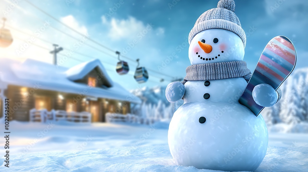 Obraz premium A snowman holding a snowboard and standing at the entrance of a ski lodge, with snow-covered mountains and a cable car in the background. The snowman has a carrot nose, a wool hat,
