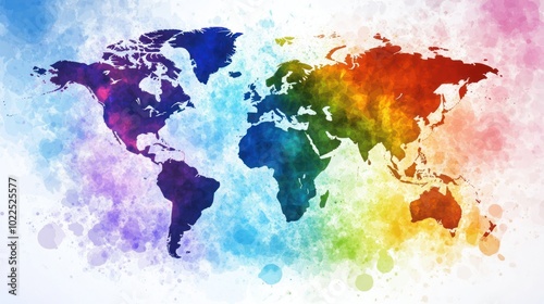 A colorful watercolor world map showcasing vibrant hues representing global diversity.