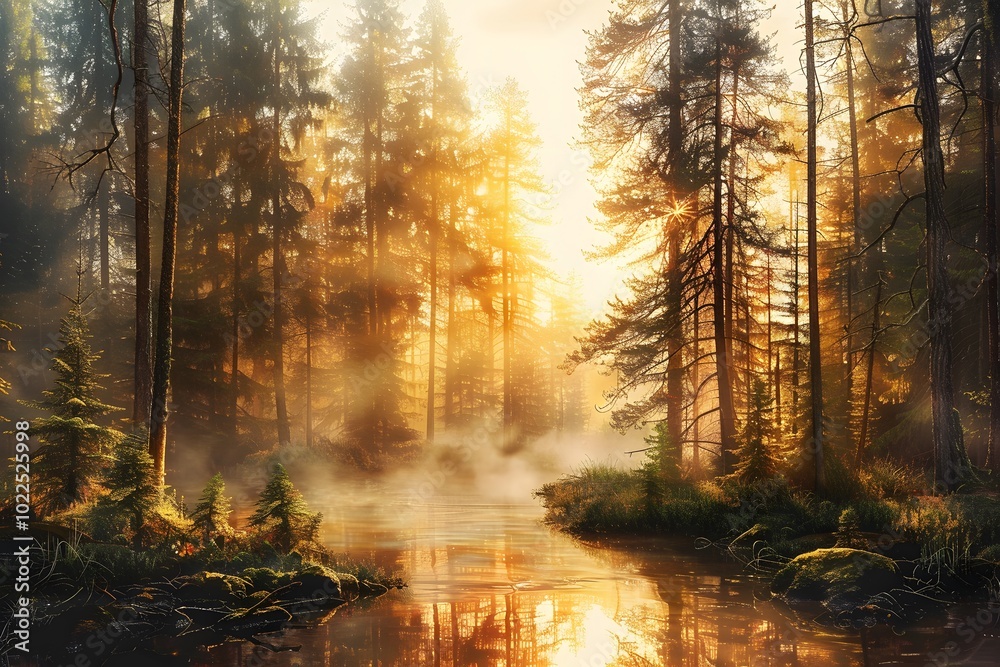 Obraz premium Sunrise Illuminates Forest River Golden Light Misty Trees