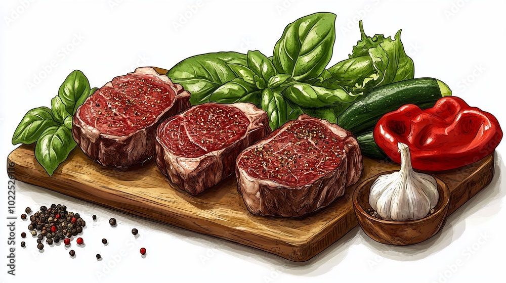 Three seasoned steaks on a wooden cutting board with fresh basil, peppers, zucchini, and garlic. Three seasoned steaks on a wooden cutting board with fresh basil, peppers, zucchini, and garlic.
