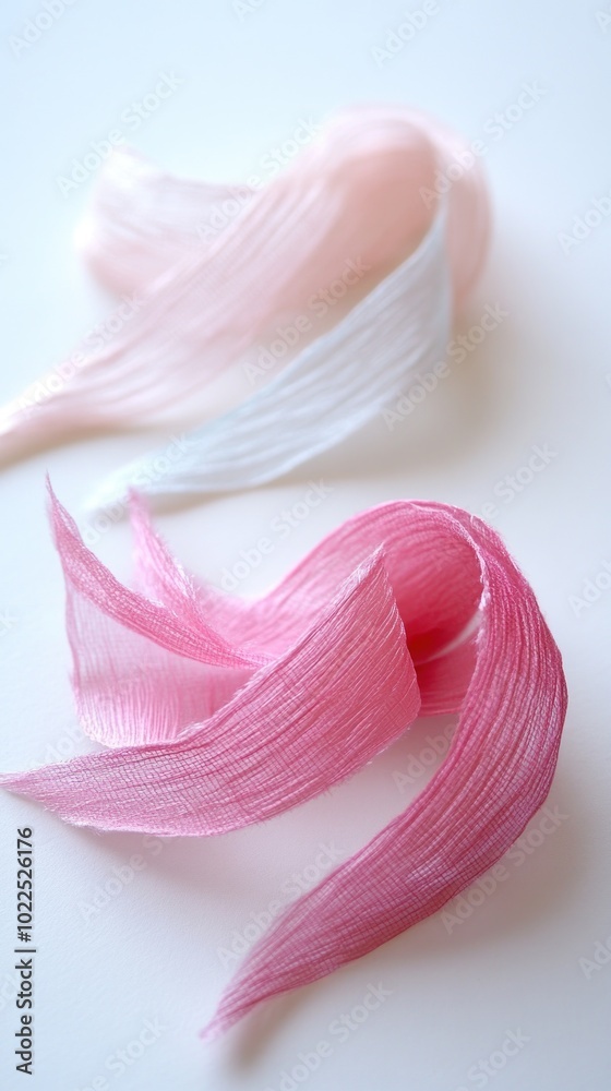 Two delicate, pleated ribbons in soft pink and white hues, showcasing texture and color. Two delicate, pleated ribbons in soft pink and white hues, showcasing texture and color.