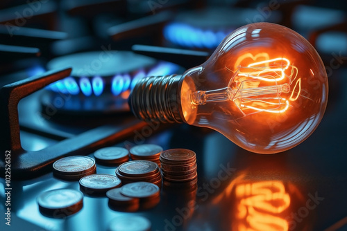 A lit light bulb placed next to a burning blue gas cooker, with coins scattered beside it. represents energy and gas costs, symbolizing rising expenses.  photo