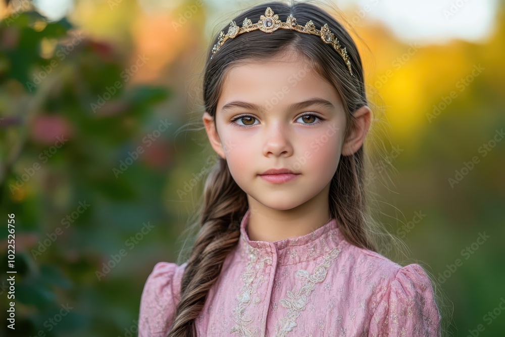 Serene young girl in nature with golden tiara Serene young girl in nature with golden tiara