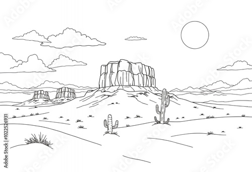 Desert Landscape with Cacti and Mountains Line Drawing Illustration